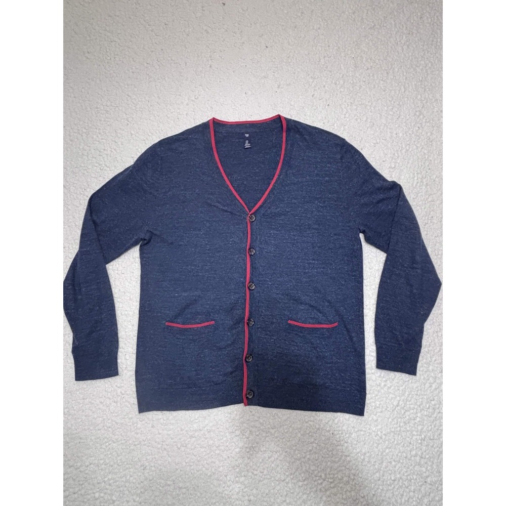 Gap Mens Cardigan Sweater XL Blue 100% Cotton Red Trim V-Neck Button Up Knit